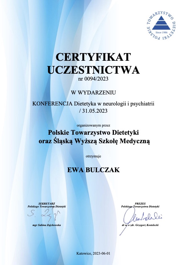 Certyfikat uczestnictwa w Konferencji Dietetyka w neurologii i psychiatrii